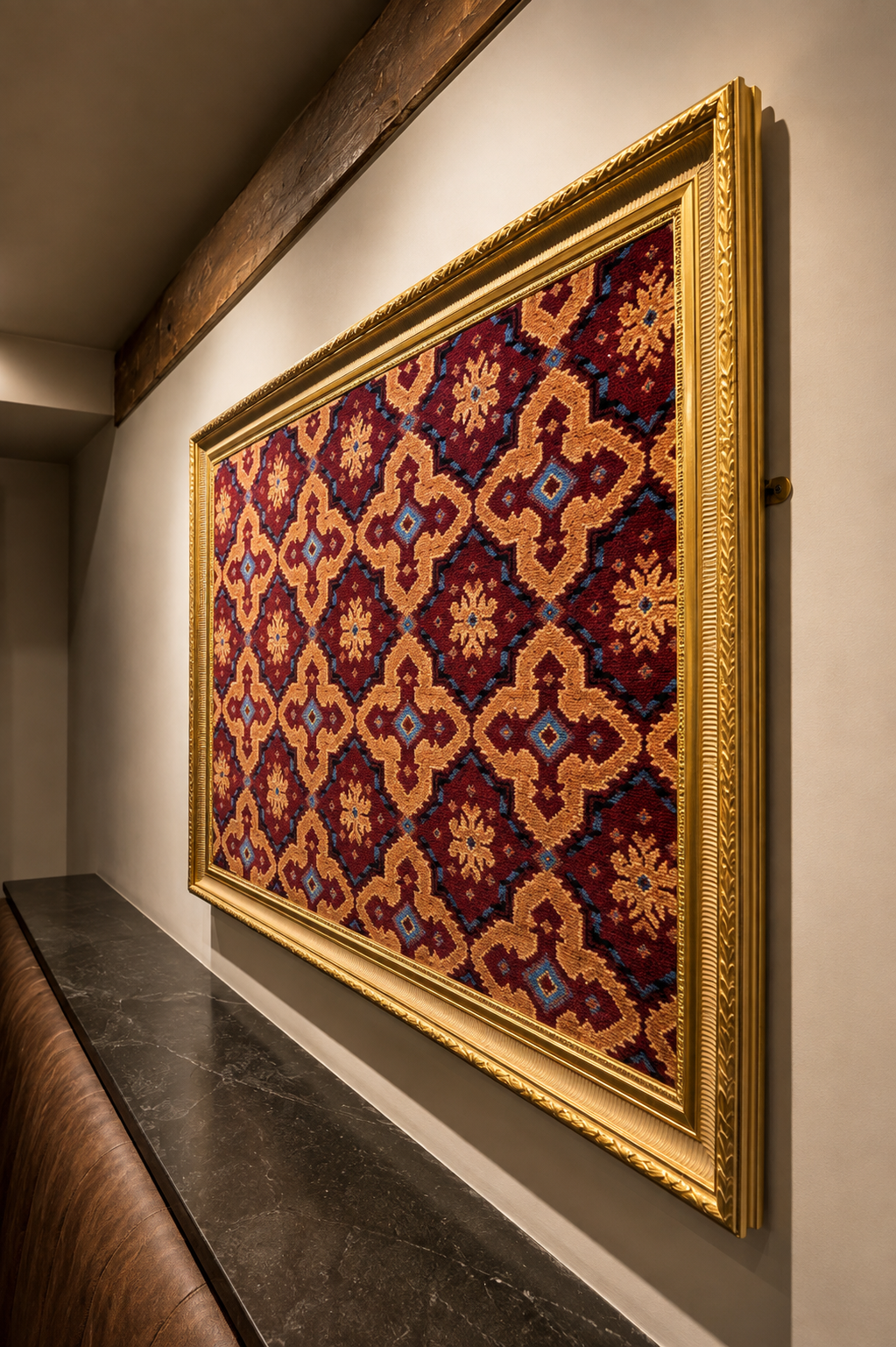 Framed original Quinn's carpet, hung as art