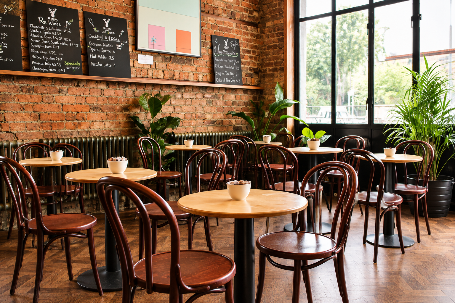 Bentwood chairs and tables against the brick wall at Quinnín